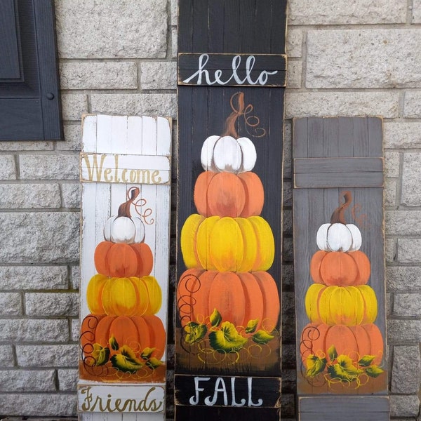 Stacked pumpkins Handpainted distressed wood shutter, three color options, Personalized autumn decor. Porch decorative wall hanger