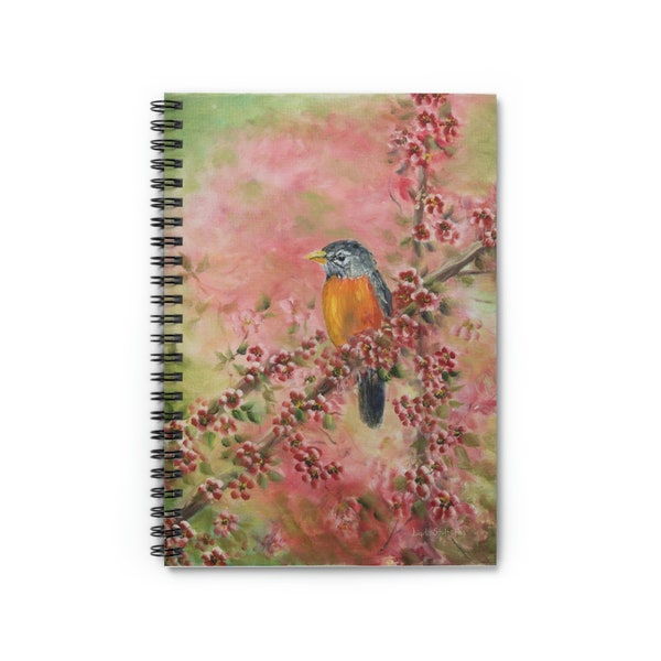 Spiral Notebook - Ruled Line, 5 x 7 inch cover has a print of handpainted spring robin and apple blossoms