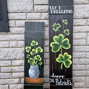 Saint Patrick's Day door leaner. Shamrock porch shutter sign. Handpainted on distressed wood, march home decor,green clover leaf