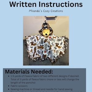 Könnte beinhalten: Ein Autositz-Poncho mit schriftlicher Anleitung. Der Poncho ist weiß mit einem Muster aus Hunden und anderen Tieren. Die Kapuze ist braun und schwarz kariert. Das Bild listet auch die benötigten Materialien auf.