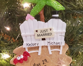 Engaged Personalized Couples Beach Christmas Glass Ornament Personalized with Names and Date written in the sand