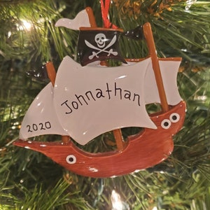 Pirate Ship Christmas Ornament - Child's Pirate Ship Ornament - Hand Personalized Pirate Ship - Child's Christmas Ornament