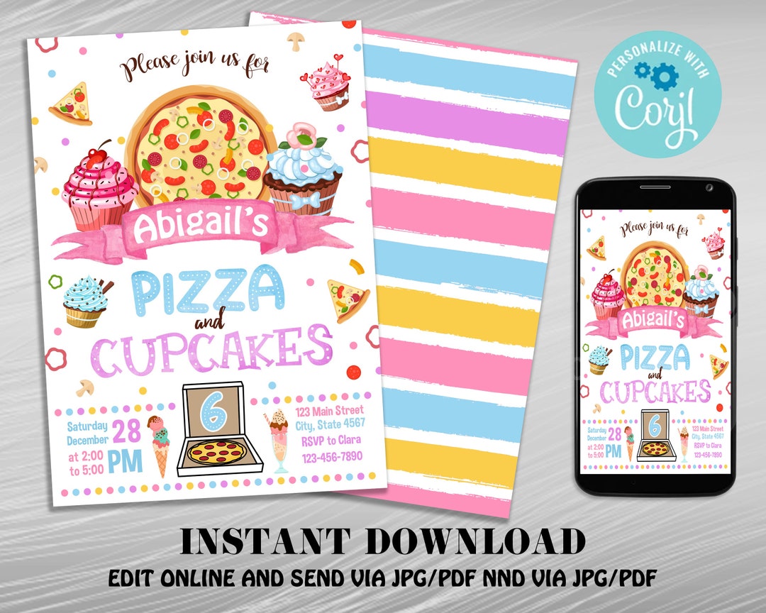 Pizza and Cupcakes Birthday Invitation Pizza Party Invite Etsy
