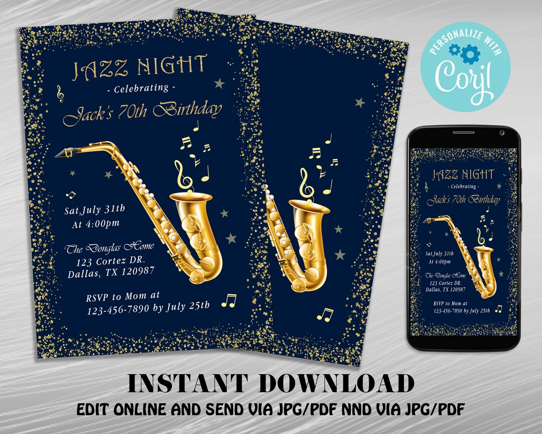 Jazz Night Invitation Saxophone Birthday Invite Any Age Etsy
