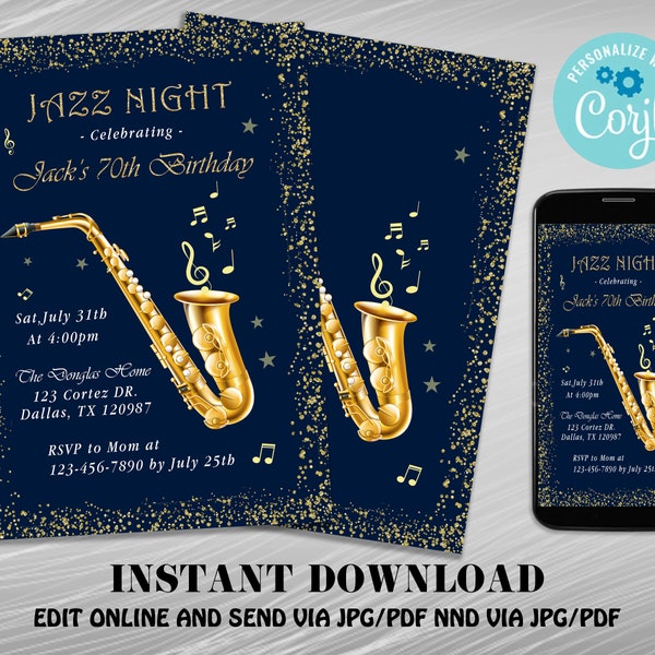 Jazz Night Invitation, Saxophone Birthday Invite, Any Age Party, Saxophone Party Invitations, Jazz Music Night Birthday Party Invitation