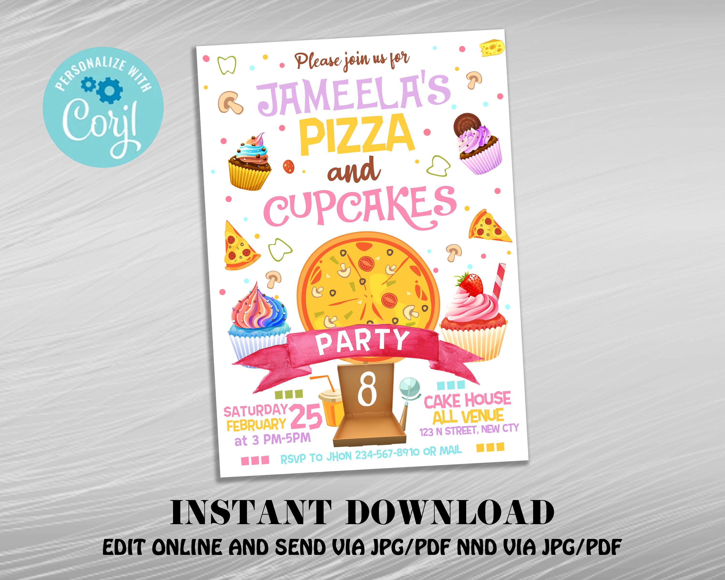 Pizza and Cupcakes Birthday Party Invitation Pizza Party Etsy
