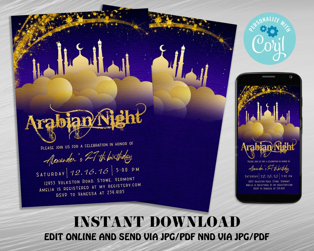 Elegant Arabian Nights Birthday Party Invitation, Moroccan Birthday