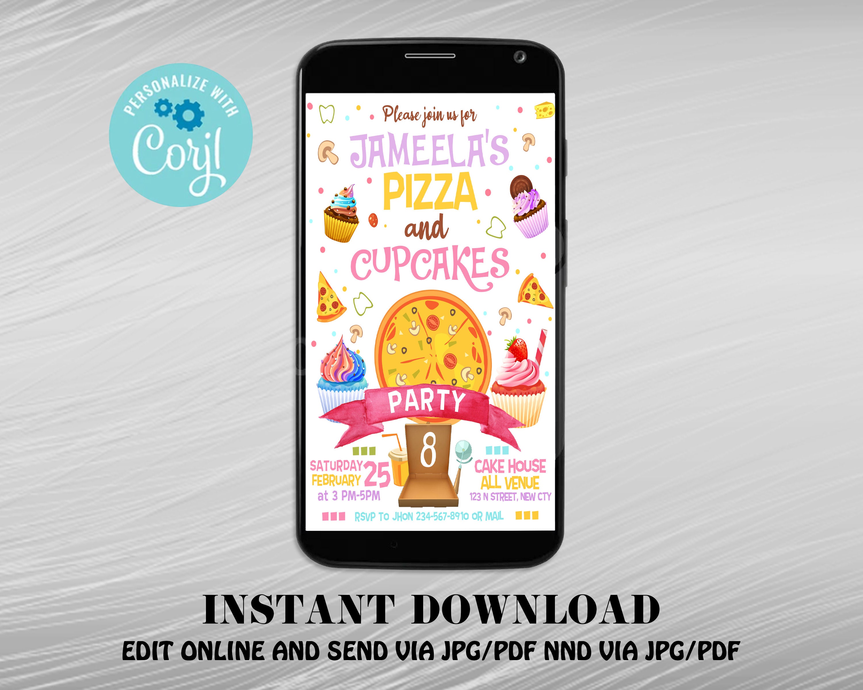 Pizza and Cupcakes Birthday Party Invitation Pizza Party Etsy