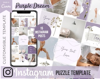 Purple Template for Instagram Puzzle Feed - 15 Posts in 1 Customisable Template | Editable Insta Template in Canva, Girlish Feed, Branding