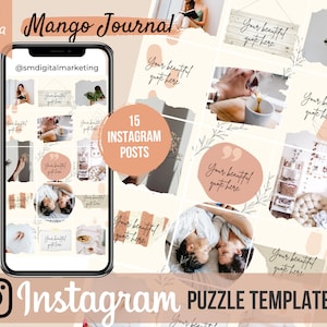 May include: A digital template for 15 Instagram posts with a peach and cream colour scheme. The template features a collage of images with text overlays that say "Your beautiful quote here". The template is labelled "Mango Journal" and "Instagram Puzzle Template".