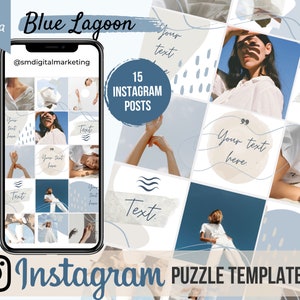 Blue Instagram Puzzle Feed Template - 15 Posts in 1 Customisable Template | Editable Insta Template in Canva, Natural Elegant Feed, Branding