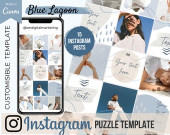 Blue Instagram Puzzle Feed Template - 15 Posts in 1 Customisable Template | Editable Insta Template in Canva, Natural Elegant Feed, Branding