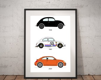 Black VW Volkswagen Beetle Caricature Car Cartoon A4 Print Personalised Gift 