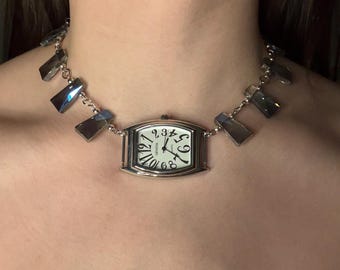 Silver and Blue Gems Watch Necklace