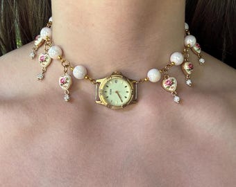 Pink and Gold Watch Necklace