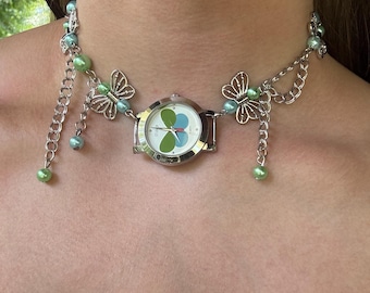 Blue and Green Butterfly Watch Necklace