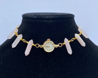 Gold and Pink Stones Watch Necklace