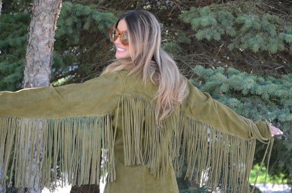 OLIVE GREEN suede long fringe jacket