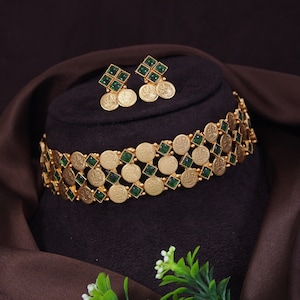Copper Jewellery Set/ Traditional Coin Necklace set for Women/ South Indian Coin jewelry Set/ Gold Plated Green Coin Necklace Earring Women