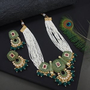 Lange mala-indianenset, Indiase Bollywood-sieraden, Jaipur Rajasthan-sieradenset, lange parelketting mala, Kundan-ketting,