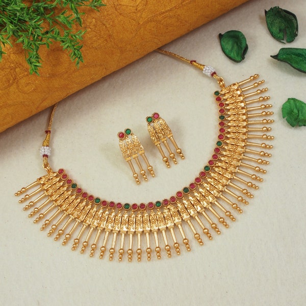 Gold Choker Temple Jewelry South Indian Jewelry Set Gold Plated Necklace Indian Wedding Jewelry Indian Bridal Jewelry Bollywood Jewelry