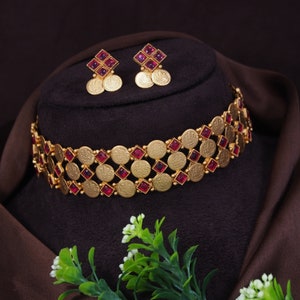 Copper Jewellery Set/ Traditional Coin Necklace set for Women/ South Indian Coin jewelry Set/ Gold Plated Ruby Coin Necklace Earring Women