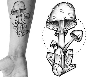 Crystal Mushroom Tattoo Ontwerp + Stencil