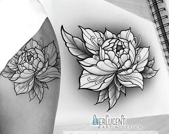 Pioenroos Tattoo Design + Stencil