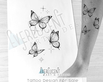 Sierlijke vlinders en sterren tattoo-ontwerp + lijnwerk (digitale download)