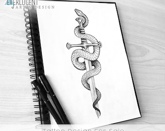 Snake and Dagger Tattoo Design + Lijnwerk (Digitale Download)