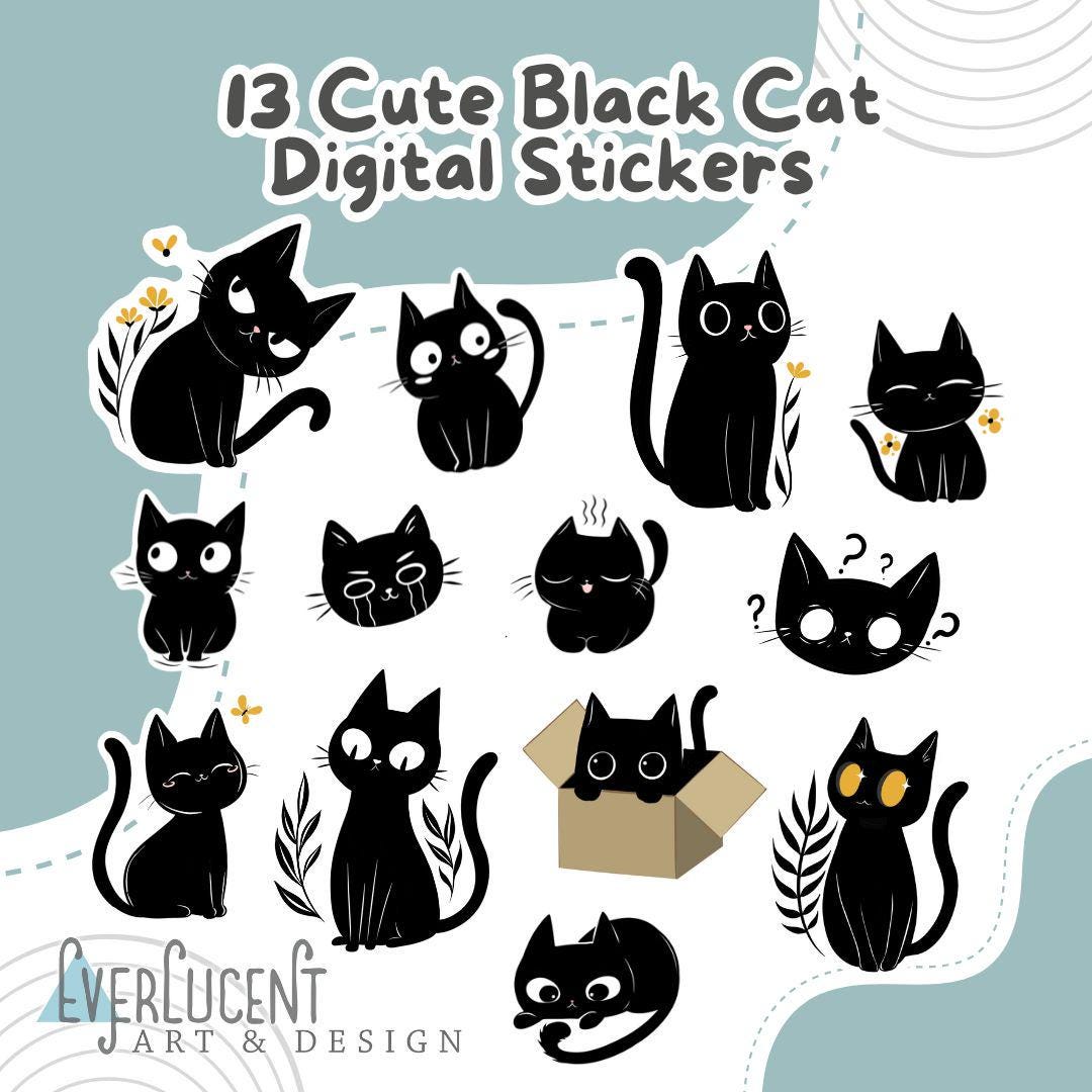 Cute Black Cat Digital Stickers Pack, Planner Stickers, Black Cat Art ...