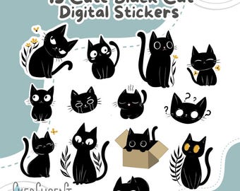 Cute Black Cat Digital Stickers Pack, plannerstickers, zwarte kattenkunst, Goodnotes-stickerpakket, kawaii-kattensticker
