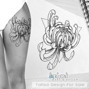 May include: Black and white line art tattoo design of a chrysanthemum flower with geometric shapes. The design is for sale.
