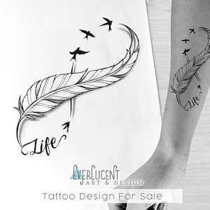 Life Infinity Feather Tattoo Design + Linework