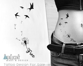 Paardebloem zwaluw vogels tattoo ontwerp + sjabloon