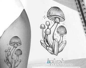 Paddestoel Kristallen Sterren Tattoo Ontwerp + Lijnwerk