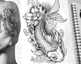 Japanese Koi 2 Tattoo Design + Linework (Digital Download)