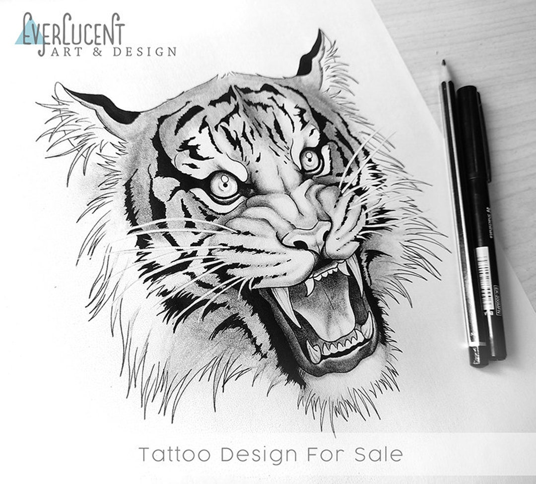 Sketch work style tiger tattoo on the right inner