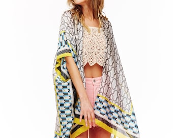 Love Sketches Women's Beach Cover up Swimsuit Kimono with Bohemian Multi Printed Silky Kimono, Casual Loose Cardigans (Silver/Mustard)