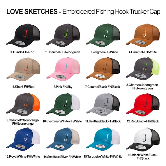 Love Sketches Embroidered Fishing Hook Trucker Snapback Cap Mesh Back Men  and Women 