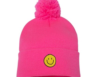 Embroidered Smile Pom Beanie: Warm Cuffed Skull Cap
