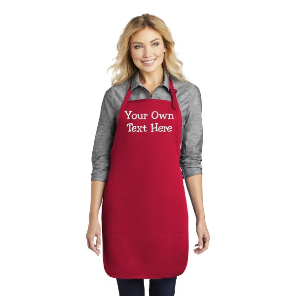 Love Sketches Custom Personalized 3-Pocket Apron, Add a Name Embroidered Design, Full-Length Adult Bib Apron with Stain Release