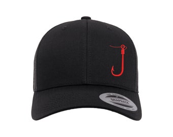 Love Sketches Embroidered Fishing Hook Trucker Snapback Cap - Heather/White, Mesh Back, Unisex Adjustable Hat - View #2