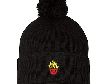 Embroidered French Fries Pom Beanie: Warm Cuffed Acrylic Knit