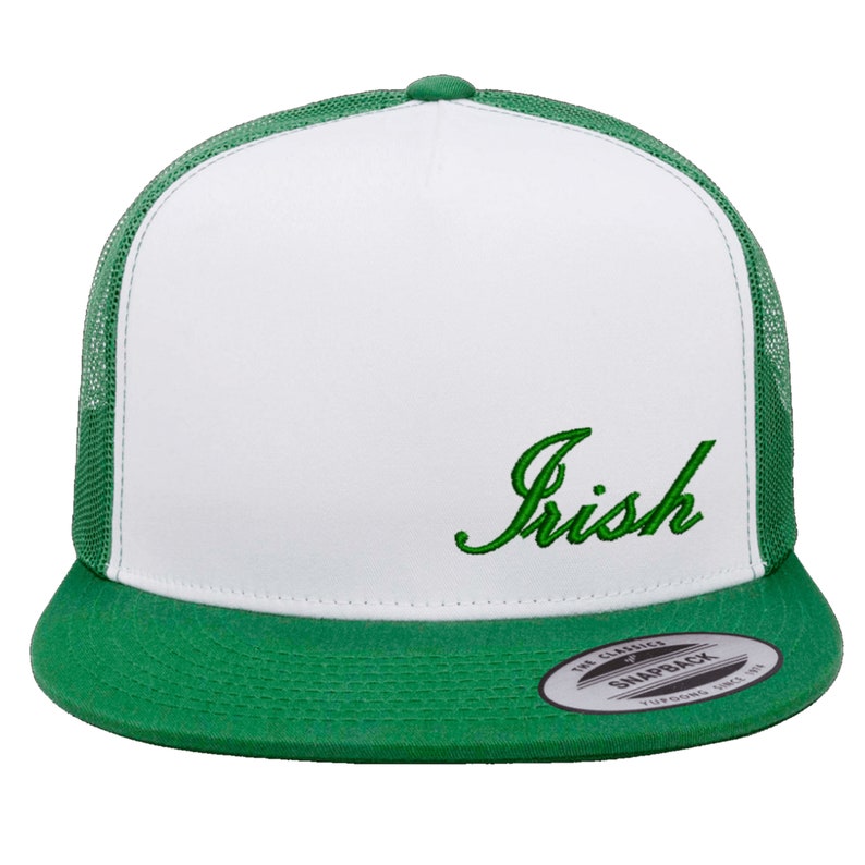 May include: White and green trucker hat with the word "Irish" embroidered in green on the front.