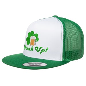 May include: White and green trucker hat with a green shamrock and beer mug embroidered on the front. The hat says "Drink Up!" in white embroidery.