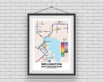 Mapa de la zona subterránea de la cerveza de Wellington: póster de cerveza, impresión de cerveza, arte mural, regalo de cerveza, póster de mapa, regalo para amantes de la cerveza, cueva del hombre, Nueva Zelanda, NZ
