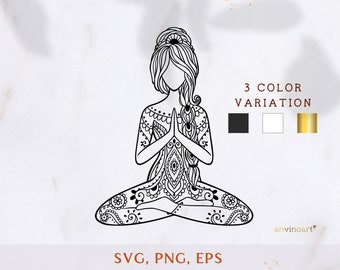 Yoga svg, yoga clipart png. Meditation yoga girl pose, Woman lotus pose  ornament clipart, zentangle vector illustration. Commercial license