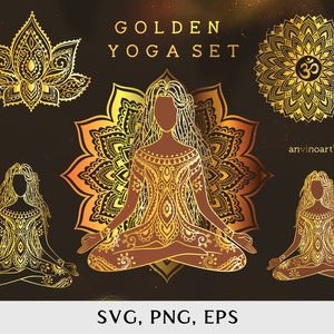 May include: Golden yoga set with a mandala design. The set includes a lotus flower, a mandala, and three yoga poses. The yoga poses are in a sitting position with legs crossed and hands in a mudra position. The set is perfect for yoga enthusiasts and meditation.