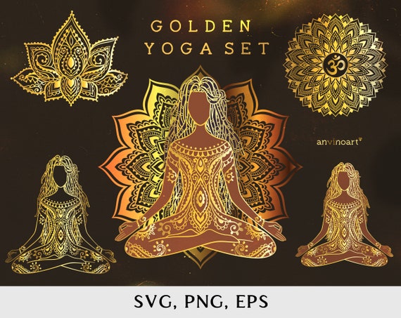 Gold Yoga svg clipart set, meditation svg, Mandala svg, dreadlock woman svg, black woman svg. Chakra Lotus zentangle Boho style illustration